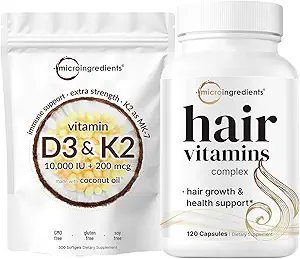 Micro Ingredients Vitamin D3 10,000iu + K2 200mcg Coconut Oil Softgels & Hair Vitamins Complex Capsules Bundle 2 Pack | Essential Sunshine Vitamins | 14-in-1 Advanced Hair Growth Support