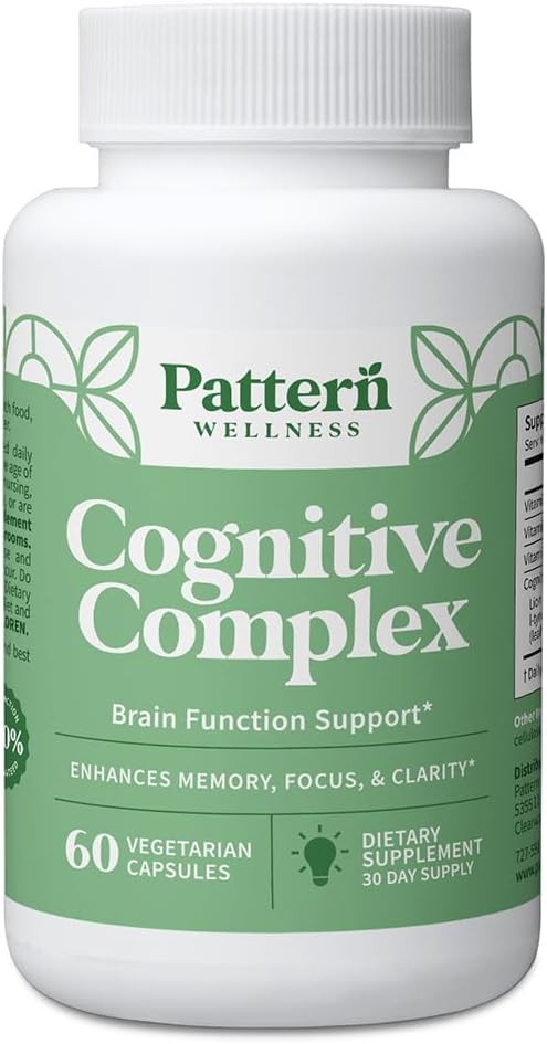 Pattern Wellness Cognitive Complex Supplement – Supports Memory, Focus, Mental Clarity, and Brain Health – Lion’s Mane, Bacopa, B Vitamins – 60 Vegetarian Capsules