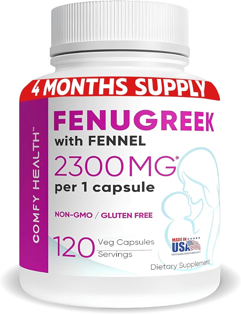 Breastfeeding Fenugreek Capsules With Fennel For Lactation, 2300mg Per Capsule, 120 Count, Fenugreek Pills Non-GMO, Gluten Free Fenugreek Seeds Extract Supplements, Fenogreco Capsulas