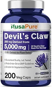 NusaPure Devil's Claw 20:1 Extract, 250 mg Equivalent to 5000mg, 200 Veggie Capsules, Concentrated Root Extract, Devils Claw Herbal Supplement, Non-GMO, Vegan Supplement