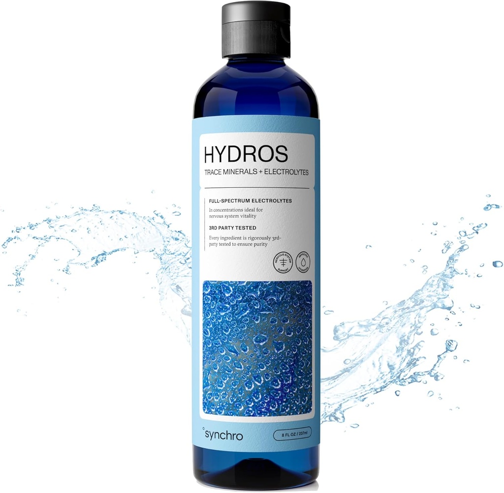 Synchro - Hydros Trace Mineral Drops with Electrolytes, Mineral-Rich Water Drop for Electrolyte Water, Hydrating Electrolyte Drops for Nervous System Support, Mineral Drops for Drinking Water, 8 fl oz