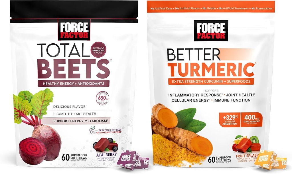Force Factor Total Beets Soft Chews, 60 Chews & Better Turmeric Joint Support Supplement, 60 Soft Chews