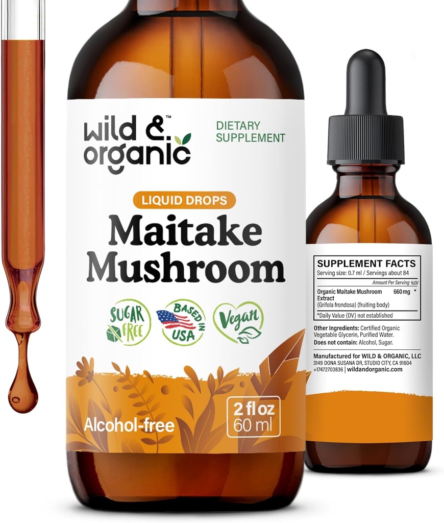Wild & Organic Maitake Mushroom Drops - Liquid Mushroom Supplement for Immune Support - Maitake Extract Tincture - Vegan, Sugar & Alcohol-Free - 2 fl oz