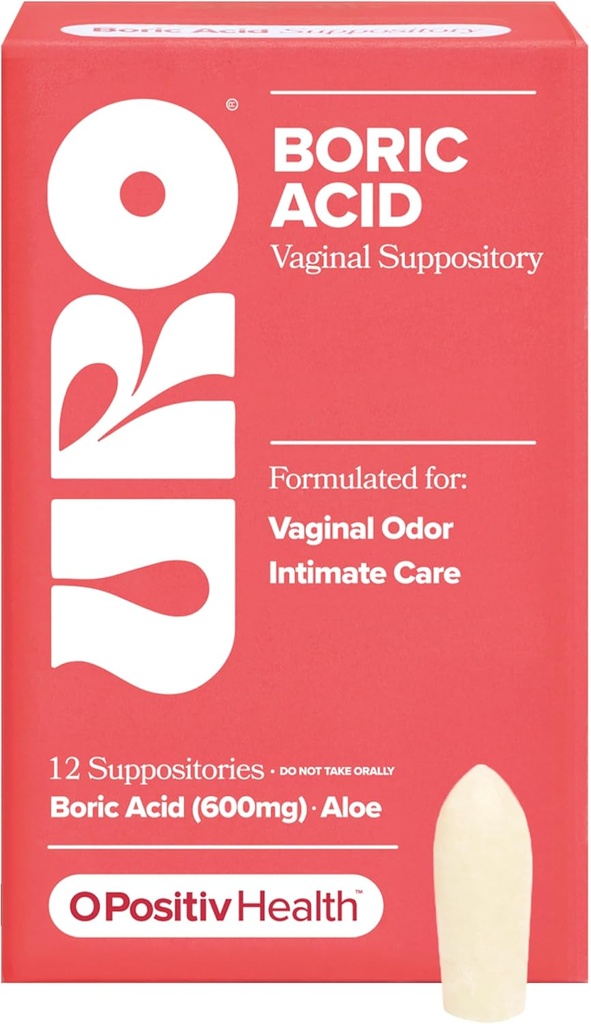 O Positiv URO Boric Acid Vaginal Suppository – with Lactic Acid, and Aloe for Fast Relief and Vaginal Odor Control – Vegan, Free from Parabens, Dyes, and Fragrances – 12 Count (Pack of 1)