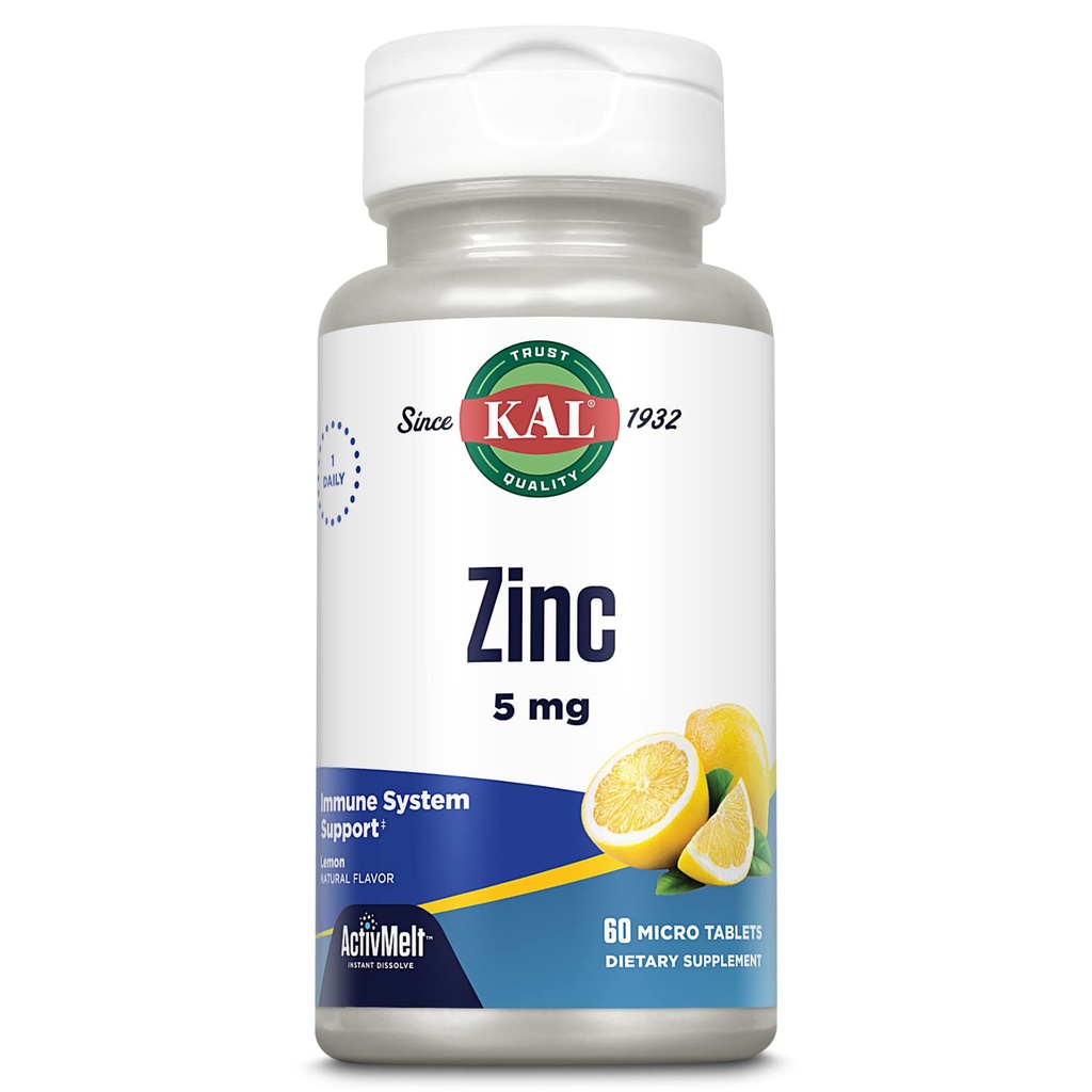 KAL Zinc 5mg Tablets - Zinc Supplements for Women and Men, Immune Support, Fast-Dissolve for Optimal Absorption, Natural Lemon Flavor, Vegetarian - 60 Micro Tablets