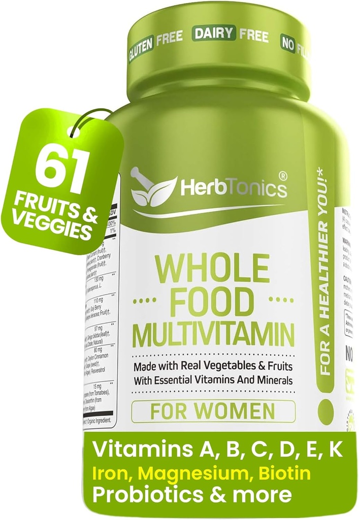 Herbtonics Whole Food Multivitamin for Women | Made with Superfoods, Real Raw Veggies, Fruits, Vitamin E, A, B Complex | Womens Multivitamin | Non-GMO 120 Vegan Capsules