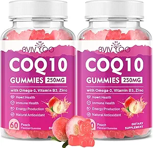 2 Pack CoQ10 Gummies 250mg, Plus Omega-3, Vitamin B3 & Zinc, Magnesium - High Absorption Coenzyme Q10 Supplements for Heart Health, Cellular Energy, & Antioxidant Support, 120 Count