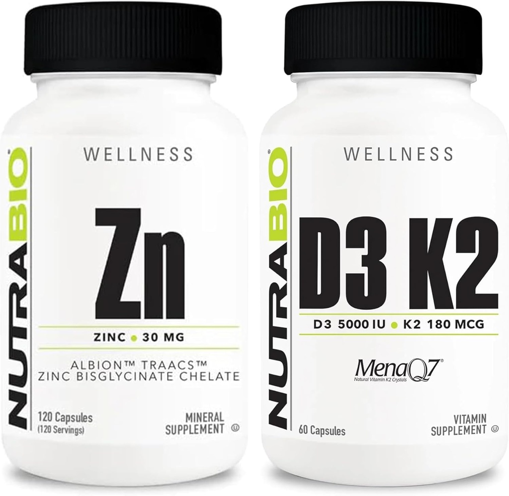 NutraBio Zinc Chelate and Vitamin D3 K2 Mineral Supplement Bundle – May Help with Proper Growth, Development, Immune System, and Bone and Heart Health