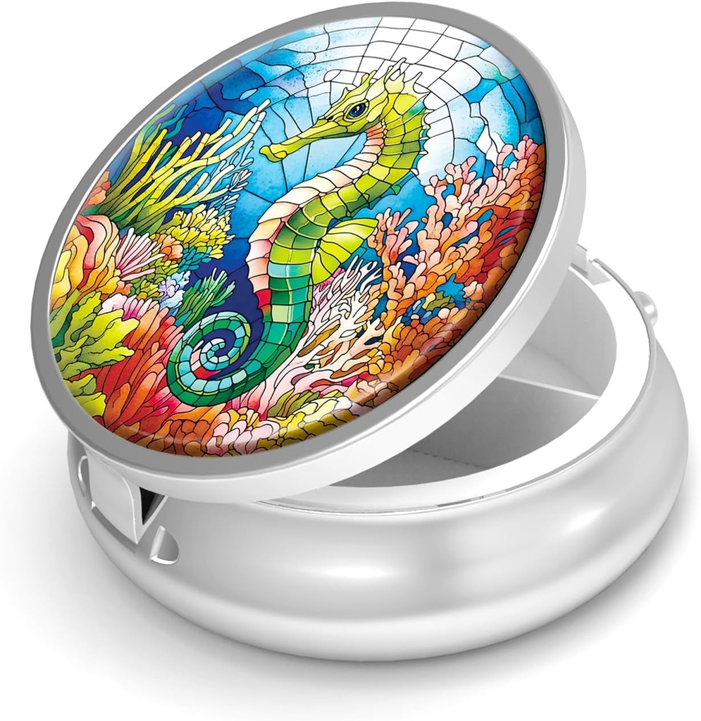 Pill Box-3 Compartment Small Pill Case for Purse & Pocket Mini Metal Pill Holder Travel Pill Container to Hold Supplements Vitamins BPA-Free (Seahorse)