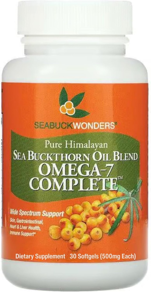 SeabuckWonders Organic Sea Buckthorn Oil, Omega-7 Complete Softgels, 30 Count, with Omega 3, 6 & 9, Supports Hair, Skin & Nail Health, 1000mg per Serving