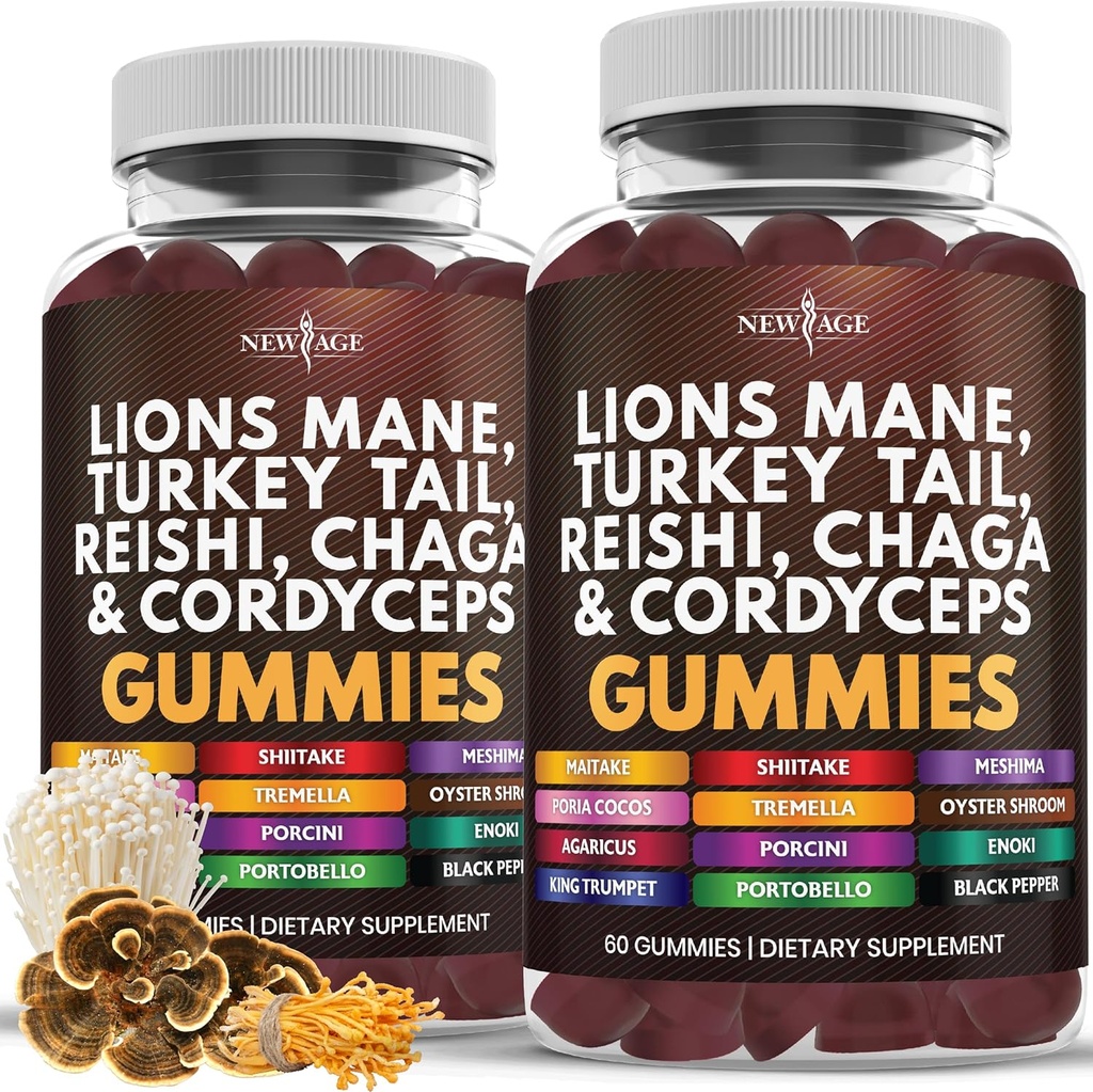 NEW AGE Mushroom Lion's Mane Supplement Gummies - Comprehensive Mushroom Supplement for Cognitive & Immune Support, with Reishi, Cordyceps - 120 Count