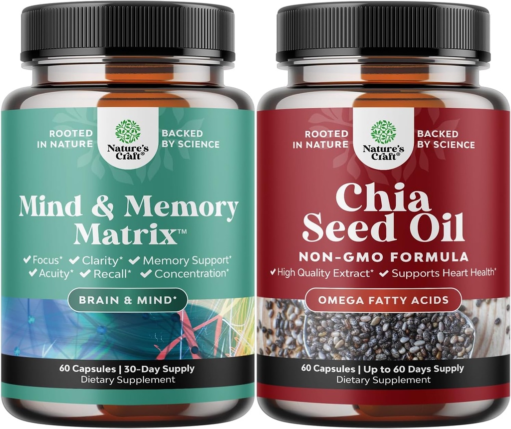 Bundle of Advanced Brain Supplement with Nootropics for Memory, Focus, Clarity, Energy and Chia Seed Oil Extract Capsules with Plant Based Omega 3 6 9 and Fiber for Heart, Digestive & Immune Support