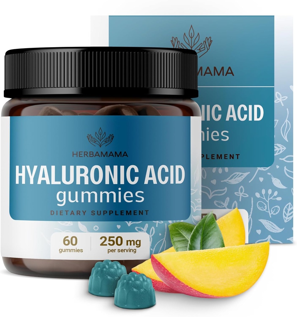 HERBAMAMA Hyaluronic Acid Gummies - 250mg Pure Hyaluronic Acid for Hair, Skin & Nails Support - Vegan, Non-GMO Skin Elasticity Supplement - 60 Pectin-Based Mango-Flavored Chews