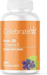 Celebrate Vitamins Iron Supplement with Vitamin C - 30mg Iron, 60mg Vitamin C, Bariatric Vitamins for WLS Patients, Vertical Sleeve & Gastric Bypass Surgery – Grape, 90 Chewable Tablets