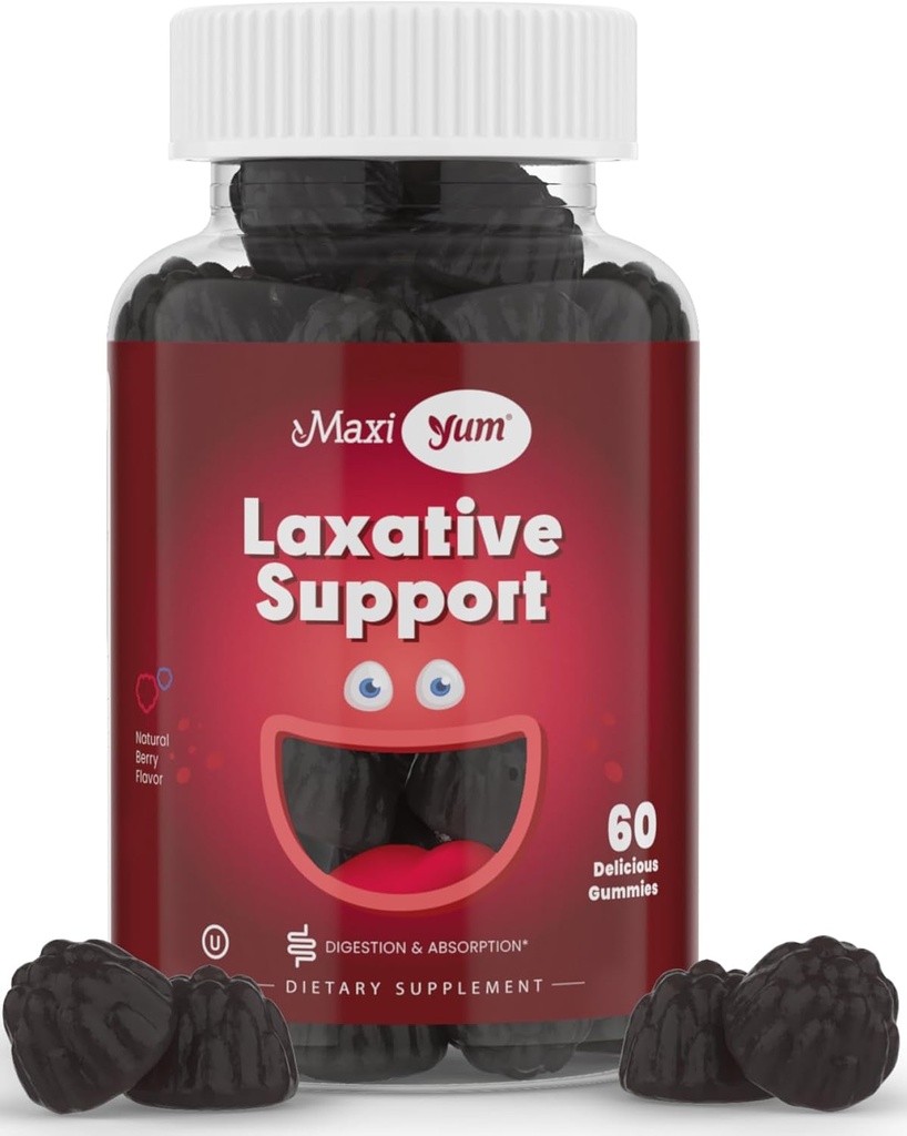 Maxi Health Natural Laxative Gummies for Adults and Kids – Non-GMO and Vegan Senna Stool Softener Gummies – Berry Flavor Chewable Laxatives for Constipation Support (60 Count)