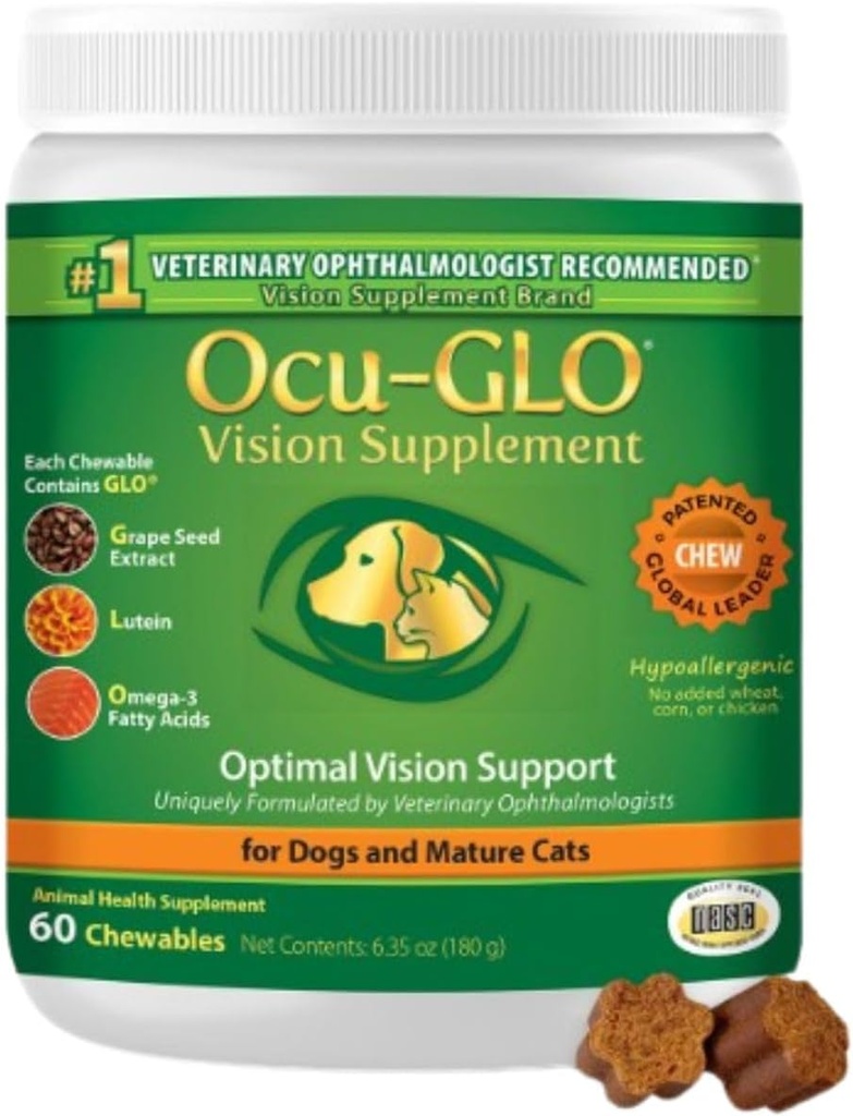 Ocu-GLO Cat & Dog Senior Supplement for Eye Support - Chewable Vision Vitamins Supplements for Large and Small Pets Care with Lutein, Omega-3 Fatty Acids, Grape Seed Extract & Antioxidants