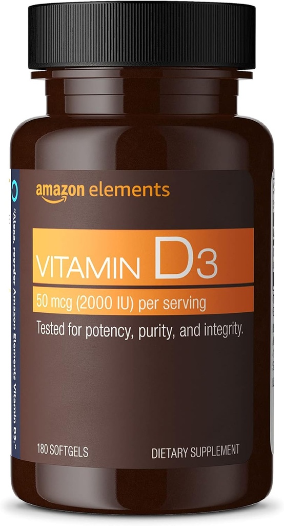   Elements Vitamin D3, 2000 IU, 180 Softgels, 6 month supply (Packaging may vary), Supports Strong Bones and Immune Health