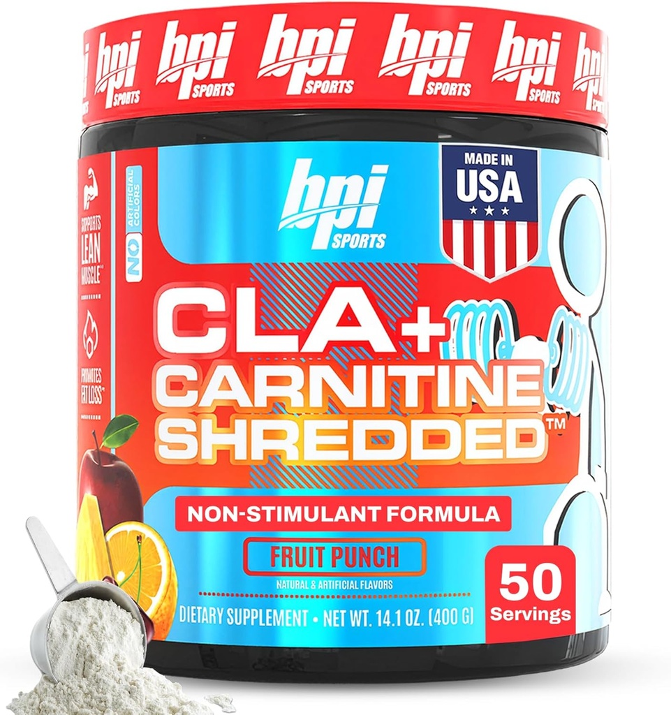 BPI Sports CLA + Carnitine Shredded - Convert Fat Cells Into Energy and Supports Lean Muscle, Boost Metabolism - Non-Stimulant L-Carnitine Supplement - Fruit Punch (14.1 oz. / 50 Servings)