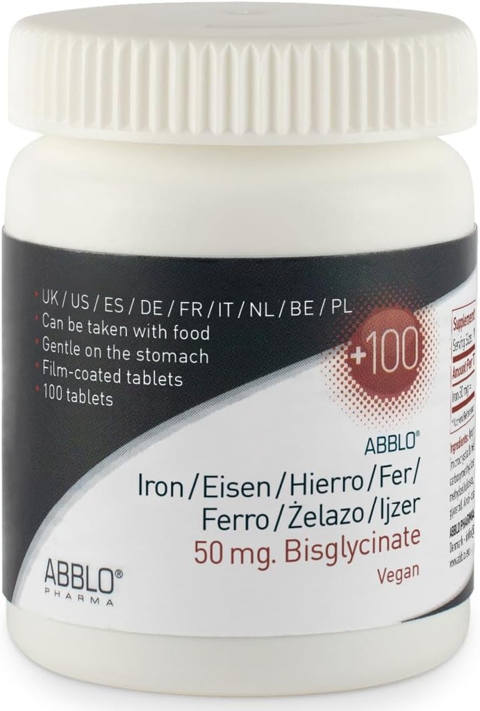 50mg. Iron BISGLYCINATE (100 Units) ABBLO is Gentle on The Stomach & Can be Taken with Food.