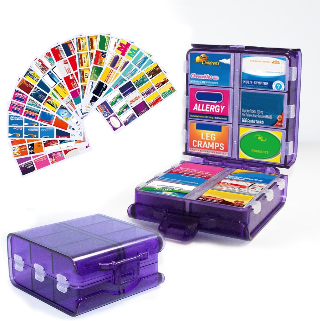 Large Pill Organizer with Medicine Labels, Pill Dispenser 12-Compartment Travel Medication Storage Case, 7-Day Pill Box for Vitamins & Supplements (Purple, 161 Labels)