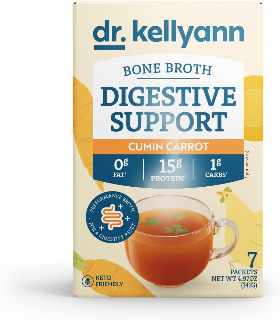 Dr. Kellyann Bone Broth + Digestive Support Collagen Powder Packets (7 Servings, 1 Box), 16g Protein/Serving, 100% Grass-Fed Hydrolyzed Collagen Powder, Keto & Paleo Friendly - Cumin Carrot