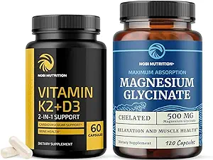Vitamin D3 K2 and Magnesium Glycinate Supplement | Bone, Heart, and Muscle Support with 5000 IU D3, K2 MK7, and 500mg Magnesium | High Absorption, Immune & Nerve Support | 60 Servings Each