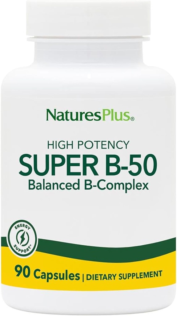 Natures Plus Super B50-90 Vegetarian Capsules - High Potency B Complex Vitamin Supplement - Brain & Energy Booster - Gluten-Free - 90 Servings
