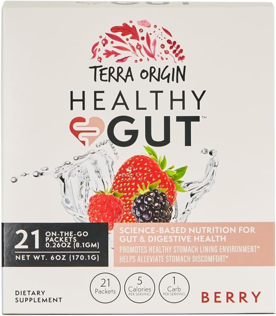 TERRA ORIGIN Healthy Gut Stick Packs, L-Glutamine, Slippery Elm, Aloe Vera, Licorice Root Extract, Gut Health, Digestive Support, Leaky Gut Repair, Immune Function, On-The-Go, 21 Ct, Berry