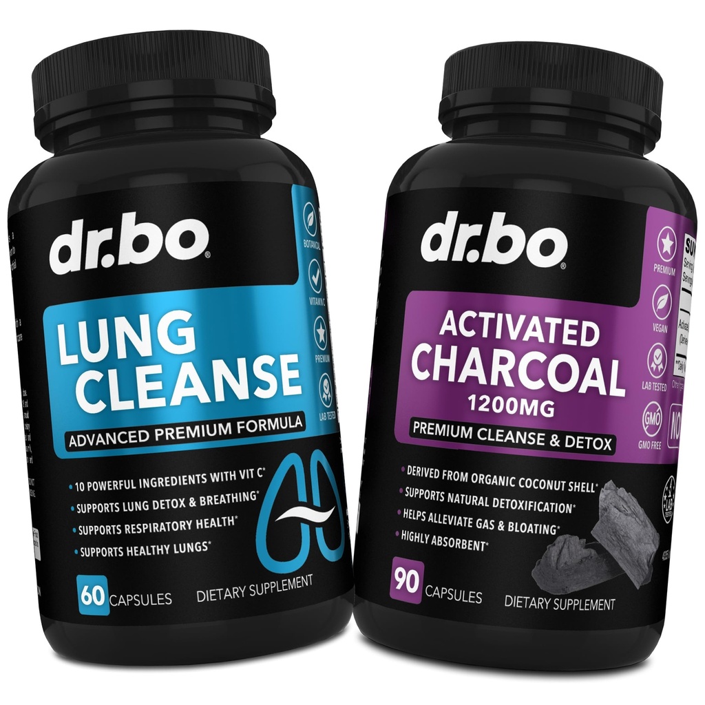DR. BO Lung Cleanse & Activated Charcoal Capsules - Respiratory Supplements & Organic Coconut Charcoal Pills for Stomach Gas and Bloating Support - Herbal Detox for Lungs, Bronchial Health & Gut