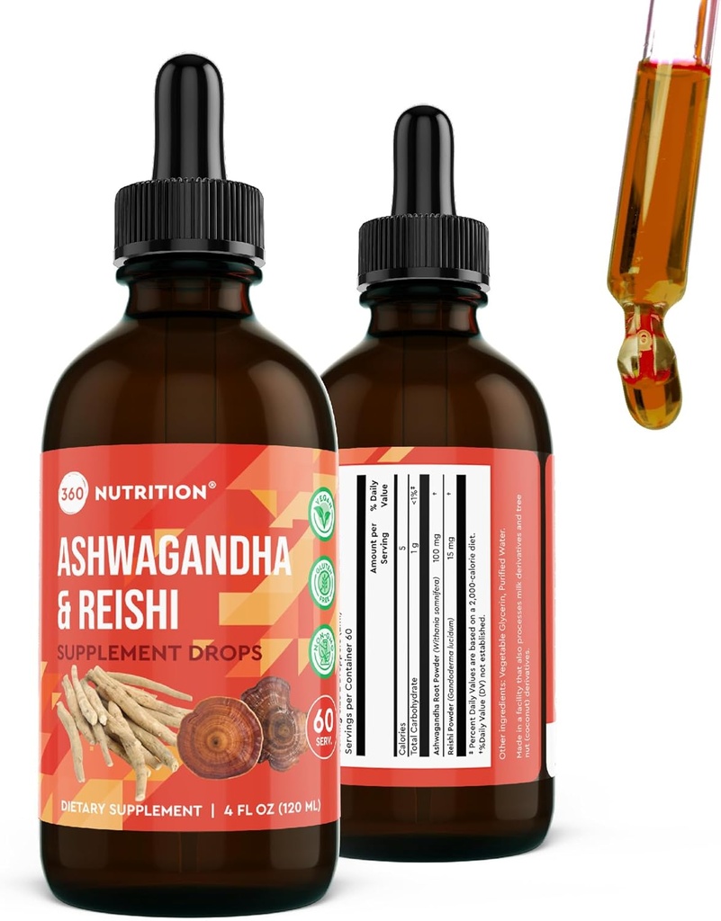 360 Nutrition Ashwagandha & Reishi Root Supplement Drops for Stress Relief, Stamina & Longevity, and Energy Support - Vegan Non-GMO Adaptogenic - 4 fl oz, 60 Servings