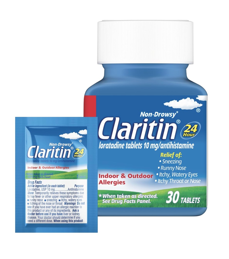 Claritin Allergy Medicine for Adults, 24-Hour Non-Drowsy Loratadine 10mg Pills, Antihistamine, 30 Tablets + 1ct On-The-Go Relief