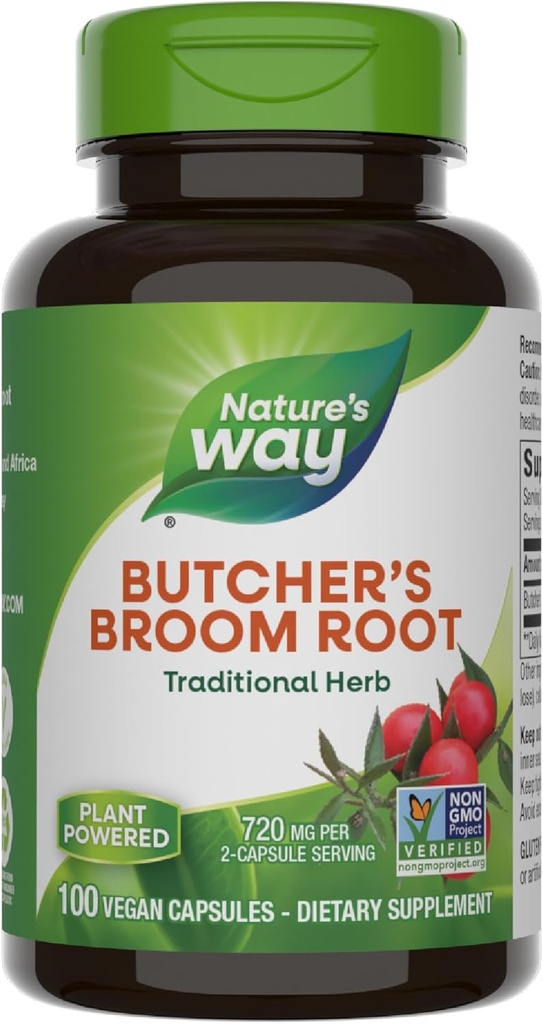 Nature's Way Butcher’s Broom, Traditional Herb, 720 mg per 2-Capsule Serving, Non-GMO Project Verified, 100 Vegan Capsules (Packaging May Vary)