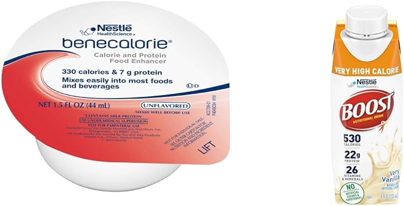 Benecalorie Calorie and Protein Enhancer - Unflavored (330 Calories, 7g Protein) - 1.5 fl oz Cups & Boost Very High Calorie Vanilla Nutritional Drink – 22g Protein, 530 Nutrient Rich Calories, 8 Fl Oz