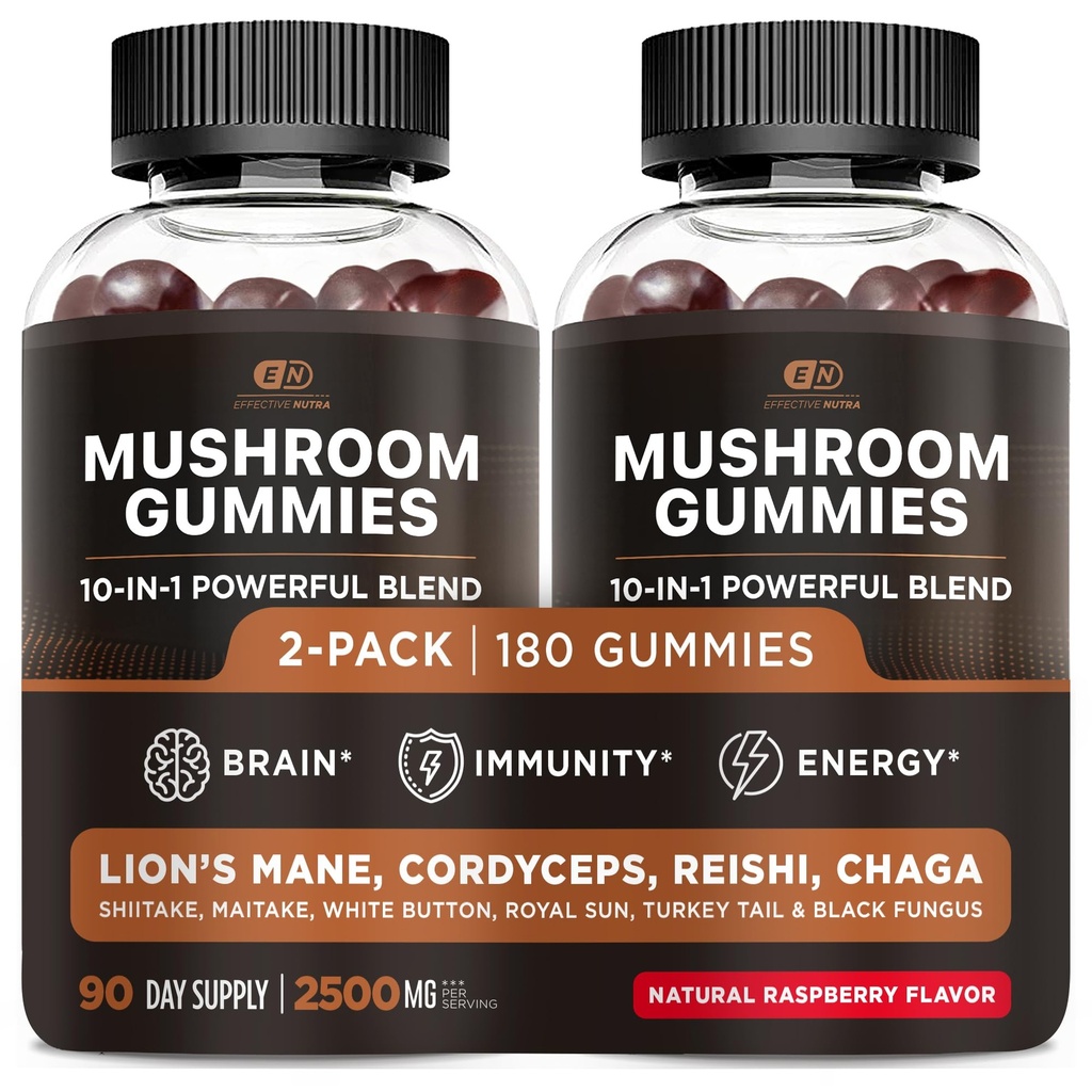Effective Nutra Mushroom Gummies 2500mg - 10in1 Lion’s Mane, Reishi, Chaga, Cordyceps & More - Focus, Clarity, Memory, Immunity, Energy - Natural Raspberry Flavor, Vegan, Made in USA (2-Pack)