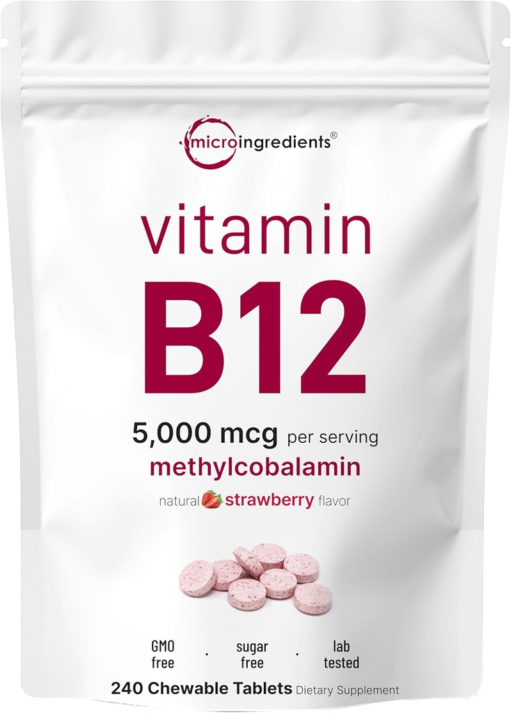 Micro Ingredients Vitamin B12 5,000 mcg | Methylcobalamin – 240 Chewable Tablets | Fast Dissolve, Natural Strawberry Flavor | Supports Energy & Metabolism Health | Vegan, Non-GMO, Gluten Free
