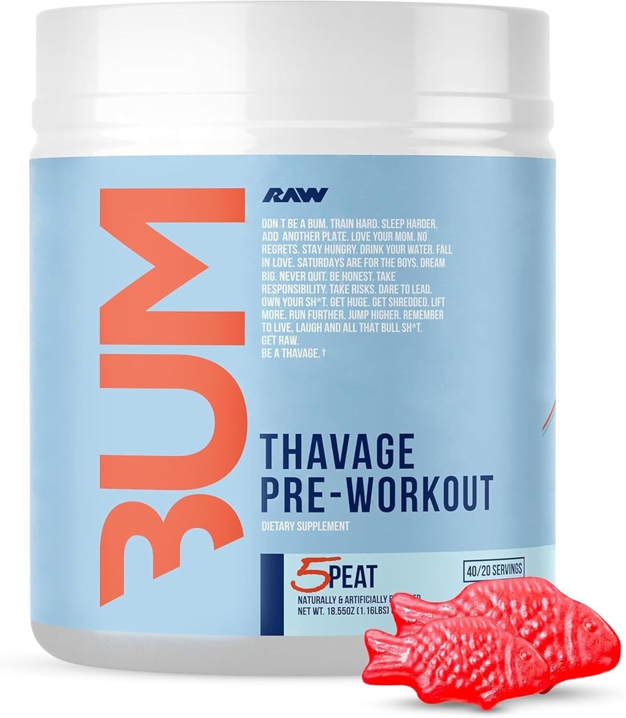 RAW Pre Workout Powder, Thavage (5 Peat, Red Gummy) - Chris Bumstead Sports Nutrition Supplement for Men & Women - Cbum Pre Workout for Working Out, Hydration, Mental Focus & Energy - 40 Servings