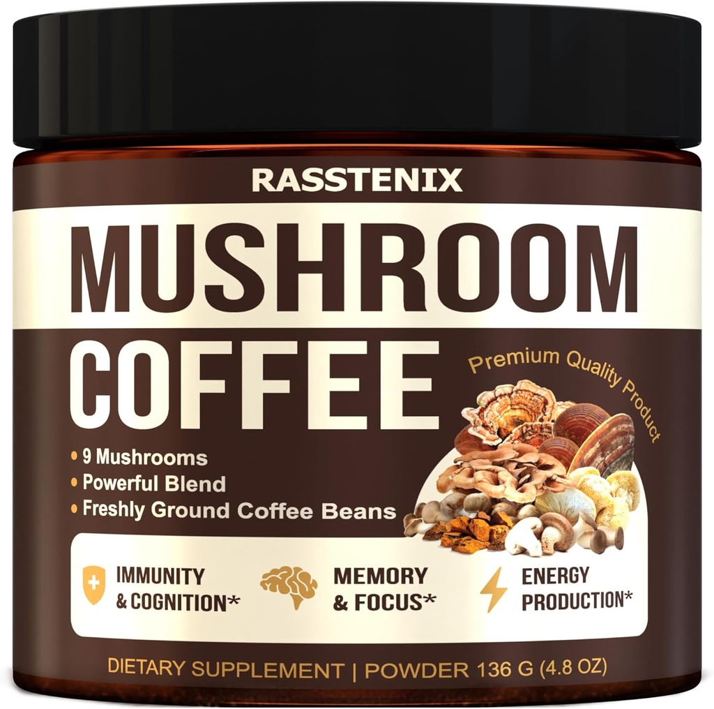 Mushroom Blend - 9 Mushroom Adaptagen Mix - Lion's Mane, Chaga, Vitamins - Medium Dark Roast - Instant - Immune Support - Gluten-Free and Sugar-Free