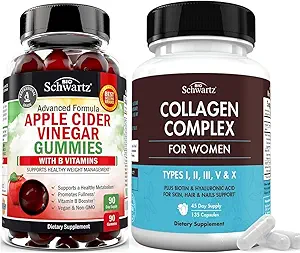 BioSchwartz ACV Apple Cider Vinegar Gummies with B Complex Vitamins (3 Month Supply) Plus Hydrolyzed Collagen Peptide Capsules (45 Day Supply)