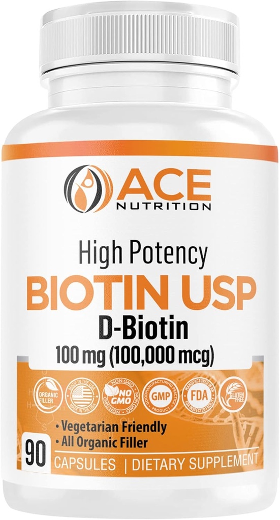 High Potency Biotin USP (D-Biotin 100,000mcg) - Superior Biotin, Organic Rice Flour, Vegetarian Capsules For Hair, Skin, & Myelin Health, Made in the USA (100mg/90 Capsules)
