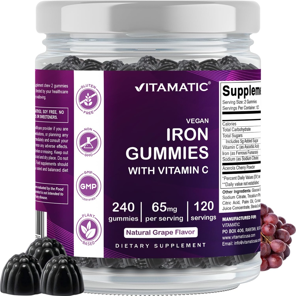 Vitamatic Iron 65 mg Gummies Supplement for Women & Men - 240 Vegan Gummies - Great Tasting Iron Gummy Vitamins with Vitamin C