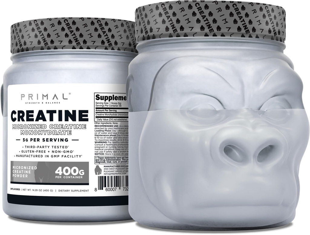 Primal Creatine Monohydrate Powder (400 Grams) | Unflavored Micronized Creatine Muscle Development Supplement for Pre-Workout & Recovery | 5g Creatine Monohydrate per Serving