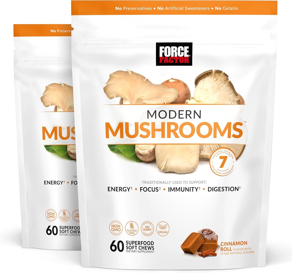 Force Factor Modern Mushrooms Soft Chews, Mushroom Supplement with Lions Mane, Turkey Tail, & Cordyceps to Support Energy, Immunity, & Digestion, Cinnamon Roll, 120 Soft Chews, 2-Pack