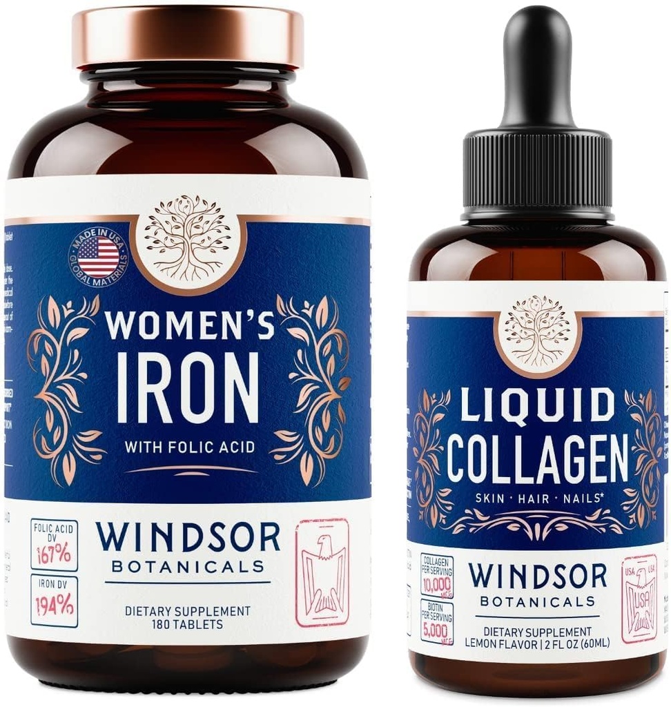 WINDSOR BOTANICALS Liquid Collagen and Iron for Women Beaty and Wellness Bundle