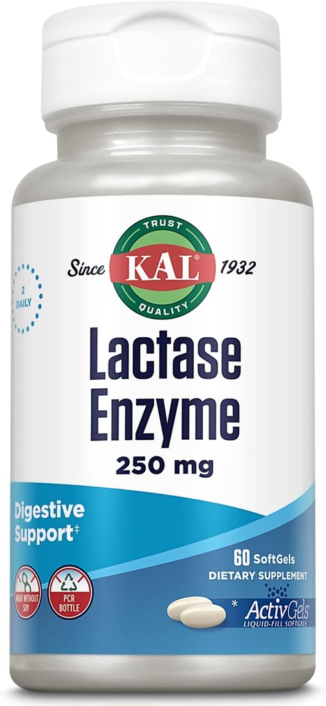 KAL Lactase Enzyme 250 mg, Healthy Digestion Support for Lactose Intolerance, Liquid-Filled ActivGels Made Without Soy, 250 FCC Units, 30 Servings, 60 SoftGels