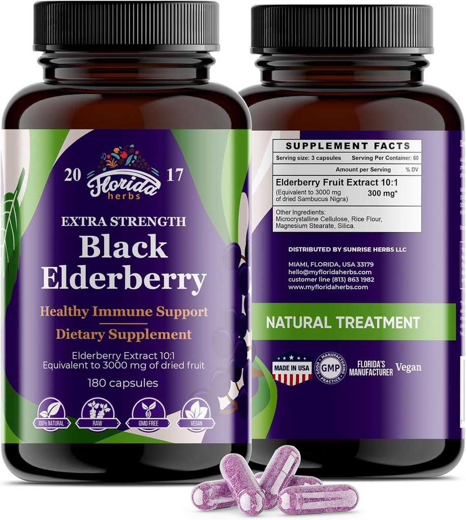 Black Elderberry Capsules | 180 Count | Sambucus Elderberry Vitamins, Non-GMO, Gluten Free, Organic Elderberry Extract Sambucus Nigra
