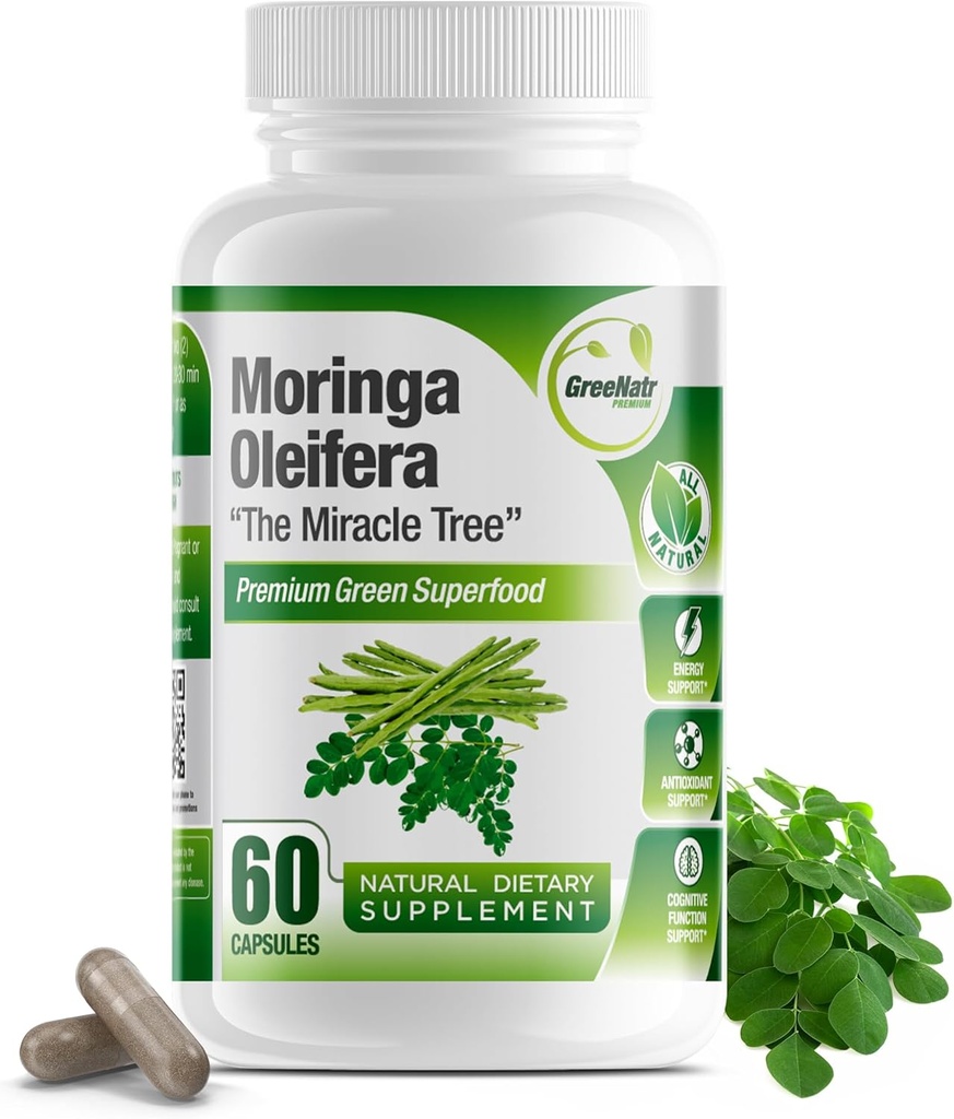 Pure Moringa Oleifera Green Superfood Capsules with Vitamin C, Omega 3 & Amino Acids - Boosts Energy, Mood, Memory, Immune Support - Made from Organic Moringa, Non-GMO - 60 Capsules (1 Bottle)