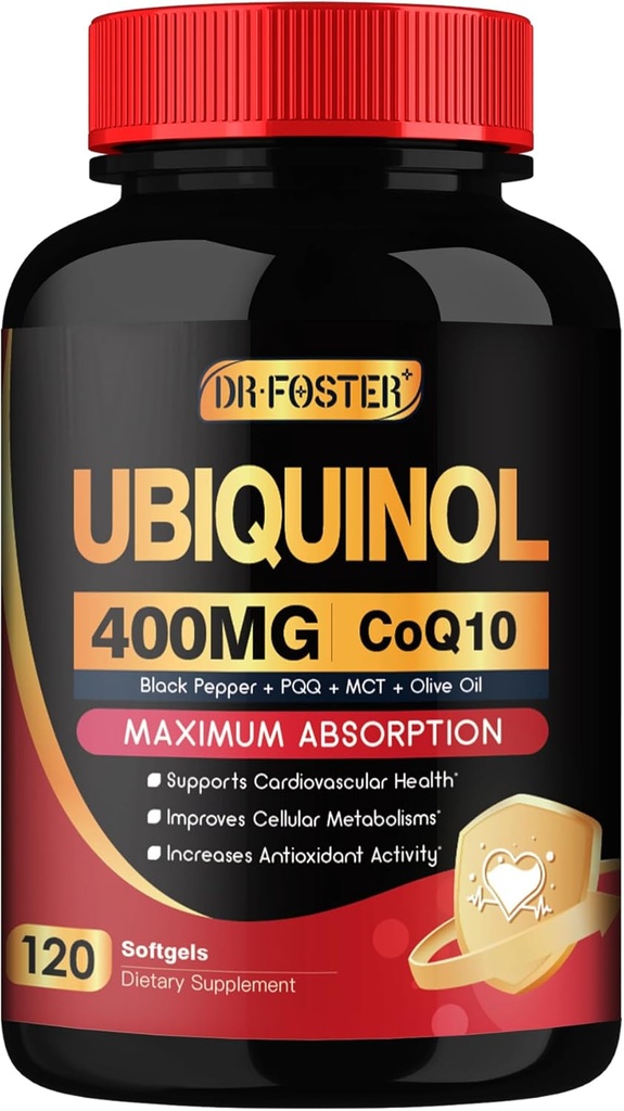 DRFOSTER Coq10 400mg Softgels Ubiquinol - Co Q 10 Supplement Coenzyme q10 Cq10 400mg Plus Vitamin E, PQQ, Black Pepper for Heart Health, 120 Counts