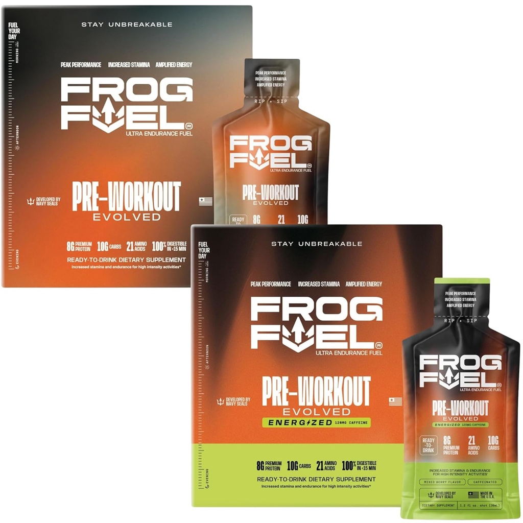 Frog Fuel Ultra & Ultra Energized Pre Workout Shot Bundle with 1500mg Beta Alanine, Electrolytes 8g Protein Nano-Hydrolyzed Grass Fed Collagen, 10g Carbs, Berry, 1.2 oz Packets, 48 Pack