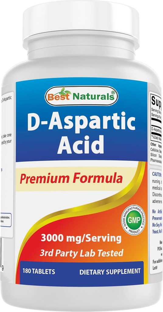 Best Naturals D Aspartic Acid (DAA) 3000mg per Serving - Non-GMO & Gluten Free - 180 Tablets