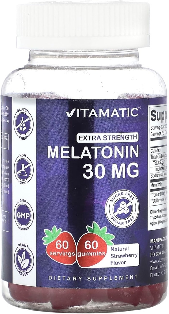 Vitamatic Sugar Free Melatonin 30mg per Gummy - 60 Servings - 60 Vegetarian Gummies - Non-Habit Forming Supplement (60 Count (Pack of 1))